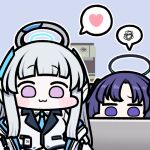  2girls :3 blue_archive chibi formal grey_hair halo heart indoors jazz_jack long_hair looking_at_viewer lowres mechanical_halo multiple_girls noa_(blue_archive) purple_hair scene_reference sidelocks sitting smile speech_bubble spoken_heart spoken_squiggle squiggle suit two_side_up very_long_hair violet_eyes white_suit yuuka_(blue_archive) 