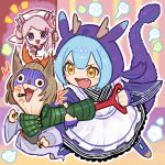  3girls :d animal_ears apron ash_blossom_&amp;_joyous_spring bangs bangs_pinned_back blue_gloves blue_hair blue_kimono blush_stickers bow brown_hair called_by_the_grave chibi commentary dog_ears dragon_girl dragon_horns dragon_tail dress duel_monster fang full_body ghost ghost_tail gloves hair_between_eyes hair_bow hair_ornament hairclip hat highres holding horns hucydin japanese_clothes kimono laundry_dragonmaid long_hair long_sleeves maid maid_apron maxx_c multicolored_hair multiple_girls notice_lines nurse_cap nurse_dragonmaid objectification open_mouth parted_bangs pink_gloves pink_hair pink_horns shaded_face short_hair sidelocks smile standing strangling symbol-only_commentary tail violet_eyes wa_maid white_kimono yellow_eyes yu-gi-oh! 