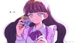  1girl bangs blue_bow blue_eyes blunt_bangs blush bow crying cup delicious_party_precure hair_ornament holding holding_cup kasai_amane kiocotton precure purple_hair smile solo star_(symbol) star_hair_ornament teacup 