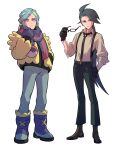  1boy 1girl absurdres black_necktie black_pants blue_footwear boots closed_mouth collared_shirt commentary_request eyewear_removed glasses green_hair grusha_(pokemon) hand_on_hip highres holding holding_eyewear jacket korean_commentary long_hair mittens necktie pants pokemon pokemon_(game) pokemon_sv redlhzz rika_(pokemon) scarf shirt split_mouth standing striped striped_scarf suspenders white_background yellow_jacket 