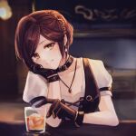  1girl :d alcohol bangs bar_(place) black_choker black_gloves black_vest blurry blurry_background brown_hair choker dress earrings glass gloves green_eyes grin hair_bun hand_on_own_cheek hand_on_own_face ice ice_cube indoors jewelry looking_at_viewer necklace puffy_short_sleeves puffy_sleeves remosea rosa_(tears_of_themis) short_sleeves single_hair_bun smile table tears_of_themis teeth upper_body vest whiskey white_dress 