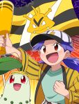  1girl :d baseball_cap belt belt_buckle blush brown_belt brown_eyes buckle casey_(pokemon) character_print chikorita clenched_hand commentary_request electabuzz flag green_shirt hat highres holding jacket long_hair open_clothes open_jacket open_mouth pokemon pokemon_(anime) pokemon_(classic_anime) pokemon_(creature) purple_hair quriltai shirt smile star_(symbol) tongue twintails white_headwear yellow_jacket 