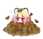  1girl animal_ears bangs blonde_hair full_body hair_between_eyes hair_bun hair_ornament kemomimi-chan_(naga_u) kemonomimi_mode leaf leaf_on_head leaf_pile looking_at_viewer naga_u original raccoon_ears simple_background solo sparkle violet_eyes white_background 