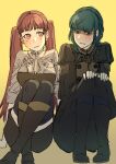  2girls aduti_momoyama ascot bangs black_eyes black_footwear blue_hair blue_thighhighs boots braid closed_mouth crown_braid fingernails fire_emblem fire_emblem:_three_houses garreg_mach_monastery_uniform gradient gradient_background hands_on_own_knees highres hilda_valentine_goneril juliet_sleeves long_hair long_sleeves looking_at_another marianne_von_edmund multiple_girls pink_eyes pink_hair puffy_sleeves sitting smile thigh-highs twintails uniform white_ascot yellow_background zettai_ryouiki 