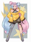  1girl :q bangs black_shorts blue_hair boots character_hair_ornament closed_mouth collarbone commentary_request full_body grey_footwear grey_pantyhose grey_shirt hair_ornament harumoni_(nn_ma) highres iono_(pokemon) jacket long_hair multicolored_hair pantyhose pink_hair pokemon pokemon_(game) pokemon_sv shirt shorts single_leg_pantyhose sleeveless sleeveless_shirt sleeves_past_fingers sleeves_past_wrists solo thigh_strap tongue tongue_out twintails two-tone_hair yellow_jacket 
