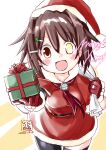  1girl absurdres box brown_eyes brown_hair furutaka_(kancolle) gift gloves glowing glowing_eye hair_ornament hairclip heterochromia highres kantai_collection kutone_shirika looking_at_viewer merry_christmas neckerchief open_mouth red_gloves red_neckerchief santa_costume santa_gloves short_hair smile solo yellow_eyes 