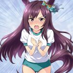  alternate_costume animal_ears black_hair blush breasts buruma commentary hair_ornament hairclip hands_on_own_chest horse_ears horse_tail looking_at_viewer medium_breasts mejiro_dober_(umamusume) nakahira_guy open_mouth simple_background sweat tail umamusume violet_eyes 