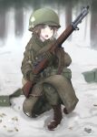  1girl 506th_parachute_infantry_regiment_(us_army) absurdres artist_name boots brown_footwear brown_hair gloves green_eyes green_gloves green_headwear green_jacket gun helmet highres holding holding_weapon jacket m1_garand military military_helmet military_uniform open_mouth original rifle savankov snow snowing solo squatting tree uniform united_states_army weapon winter world_war_ii 