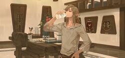  1boy belt dining_room drinking flower grey_shirt hair_between_eyes hand_on_hip indoors link long_sleeves male_focus medium_hair milk pointy_ears shirt sidelocks solo starstruckdon table the_legend_of_zelda the_legend_of_zelda:_breath_of_the_wild upper_body vase 