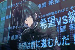  1boy ahoge bangs black_hair black_jacket breast_pocket buttons crying danganronpa_(series) danganronpa_v3:_killing_harmony double-breasted highres jacket male_focus pocket saihara_shuuichi shiny shiny_hair short_hair solo striped striped_jacket tears teeth translation_request upper_body upper_teeth visket53 