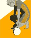  1boy black_shirt black_shorts collared_shirt full_body glasses haikyuu!! kai_(dweep) karasuno_volleyball_uniform kneeling male_focus profile shirt short_hair short_sleeves shorts solo sportswear tsukishima_kei volleyball volleyball_uniform 