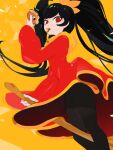  1girl ashley_(warioware) black_pantyhose doughnut dress fingernails floating_hair food food_bite hand_up highres holding kuroi_moyamoya long_hair long_sleeves looking_at_viewer mouth_hold pantyhose red_dress red_eyes solo twintails very_long_hair warioware yellow_background 