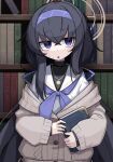  1girl bangs black_hair blue_archive blurry book bookshelf commentary_request depth_of_field eyes_visible_through_hair hair_between_eyes hairband highres holding holding_book jewelry long_hair long_sleeves looking_at_viewer low_twintails necklace nirato_shungiku parted_lips pleated_skirt ribbed_sweater school_uniform serafuku sidelocks skirt solo sweatdrop sweater turtleneck turtleneck_sweater twintails ui_(blue_archive) violet_eyes 