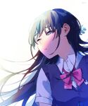  1girl bangs black_hair blue_eyes blue_flower blue_hair blue_vest bow bowtie braid collared_shirt floating_hair flower hair_behind_ear half-closed_eyes hasu_art highres light long_hair looking_to_the_side nijisanji one_eye_closed parted_lips pink_bow pink_bowtie school_uniform shiny shiny_hair shirt short_sleeves simple_background single_braid tsukino_mito turning_head vest virtual_youtuber white_background white_shirt 