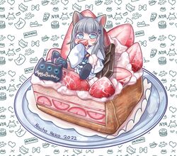  1girl animal_ears bangs blue_eyes blush cat_ears cat_girl eating food food_in_mouth fruit grey_hair happy_birthday highres icing indie_virtual_youtuber long_sleeves looking_at_viewer monja_(monja0521) nachoneko oversized_food plate shirt solo strawberry strawberry_shortcake virtual_youtuber white_shirt 