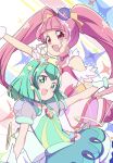  2girls absurdres aqua_eyes aqua_hair bangs blunt_bangs choker commentary cure_milky cure_star earrings hagoromo_lala hair_ornament highres hoshina_hikaru jewelry magical_girl medium_hair multiple_girls open_mouth pink_choker pink_eyes pink_hair planet_hair_ornament pointy_ears precure puffy_short_sleeves puffy_sleeves see-through see-through_sleeves short_sleeves smile star_(symbol) star_choker star_earrings star_hair_ornament star_twinkle_precure toon_(noin) twintails wrist_cuffs 