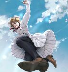  1girl arm_up black_pantyhose blonde_hair blue_sky brown_eyes brown_footwear clouds day grin jumping kenbishi_yuuri outdoors pantyhose red_ribbon ribbon sawai_ka short_hair skirt sky smile solo sunlight white_skirt yuukan_club 