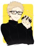  1boy black_jacket blonde_hair brown_eyes character_doll glasses haikyuu!! holding jacket long_sleeves looking_at_viewer male_focus parted_lips short_hair solo tsukishima_kei upper_body wai yamaguchi_tadashi 