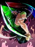  1boy bandana clothes_down fighting_stance full_body glowing glowing_weapon green_hair happy_birthday highres japanese_clothes kimono long_sideburns looking_at_viewer male_focus motion_lines mouth_hold muscular muscular_male official_art one_piece roronoa_zoro scar scar_across_eye short_hair sideburns solo topless_male triple_wielding veins veiny_arms weapon 
