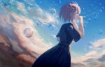  1girl ahoge arm_up bird blue_dress blue_sky bubble_blowing bubble_pipe closed_eyes clouds cloudy_sky covered_mouth day dress dutch_angle eyebrows_hidden_by_hair feet_out_of_frame from_side hand_up highres holding kaf_(kamitsubaki_studio) kamitsubaki_studio long_hair low_twintails neckerchief outdoors pink_hair short_sleeves sidelighting sky soap_bubbles solo standing tirudo29 twintails virtual_youtuber yellow_neckerchief 