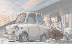  1girl bangs black_eyes black_hair brown_footwear brown_pants car cat cellphone chibi clouds eating food ground_vehicle hair_behind_ear holding holding_food holding_phone motor_vehicle original pants phone rabienu shoes short_hair side_mirror sitting sky smartphone sneakers soda_bottle vehicle_focus 