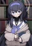  1girl bangs black_hair blue_archive blurry book bookshelf commentary_request depth_of_field eyes_visible_through_hair glasses hair_between_eyes hairband highres holding holding_book jewelry long_hair long_sleeves looking_at_viewer low_twintails necklace nirato_shungiku parted_lips pleated_skirt ribbed_sweater round_eyewear school_uniform serafuku sidelocks skirt solo sweatdrop sweater turtleneck turtleneck_sweater twintails ui_(blue_archive) violet_eyes 