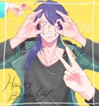  3boys absurdres amemura_ramuda arisugawa_dice black_shirt candy closed_eyes collarbone covering_eyes facing_viewer food green_jacket hair_ornament happy_birthday highres holding_dice hypnosis_mic jacket lollipop long_sleeves male_focus multiple_boys purple_hair shirt suna_yaro upper_body v yellow_background yumeno_gentarou 