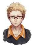  1boy black_shirt blonde_hair brown_eyes collared_shirt expressionless glasses haikyuu!! karasuno_volleyball_uniform looking_at_viewer male_focus satou6565 shirt short_hair solo sportswear tsukishima_kei volleyball_uniform white_background 