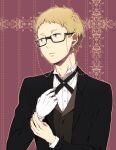  1boy black_jacket black_suit blonde_hair brown_eyes collared_shirt earrings formal glasses gloves haikyuu!! jacket jewelry long_sleeves male_focus parted_lips shirt short_hair single_glove solo suit tsukishima_kei upper_body wai white_gloves white_shirt 