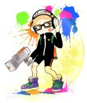  1boy black_jacket black_shorts blonde_hair brown_eyes full_body glasses gun haikyuu!! holding holding_gun holding_weapon jacket karasuno_volleyball_uniform long_sleeves male_focus paint paint_splatter paint_splatter_on_face short_hair shorts solo splatoon_(series) standing tsukishima_kei wai weapon zipper 