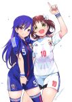  2022_fifa_world_cup 2girls adidas amami_haruka arm_up bangs blue_hair blue_shirt blue_shorts blue_thighhighs blush bow breasts brown_hair commentary cowboy_shot dot_nose green_eyes hair_bow hand_on_another&#039;s_hip hand_on_another&#039;s_shoulder idolmaster idolmaster_(classic) index_finger_raised inoue_sora japanese_flag kisaragi_chihaya long_hair looking_at_viewer medium_breasts multiple_girls open_mouth parted_lips shirt shirt_tug short_hair short_sleeves shorts small_breasts smile soccer_uniform sportswear thigh-highs thighs violet_eyes white_background white_bow white_shirt white_shorts world_cup wristband zettai_ryouiki 