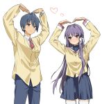  1boy 1girl absurdres blue_eyes blue_hair blush clannad closed_mouth fujibayashi_kyou hair_ribbon heart highres hikarizaka_private_high_school_uniform long_hair mr1thonk nervous okazaki_tomoya purple_hair ribbon school_uniform short_hair smile sweatdrop thigh-highs violet_eyes white_thighhighs 