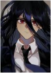  1boy bangs black_hair black_jacket black_necktie border closed_mouth collared_shirt danganronpa_(series) danganronpa_2:_goodbye_despair hair_between_eyes hakumai_(mgmg_okomee) highres jacket kamukura_izuru long_hair necktie portrait red_eyes shiny shiny_hair shirt solo white_border white_shirt 