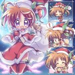  ! 1girl ^^^ animal animal_around_neck animal_on_head animal_on_shoulder bow_legwear brown_hair capelet christmas closed_eyes dress ferret floating foot_worship hair_ribbon hat holding holding_animal holding_sack kiba_yaeba lace-trimmed_thighhighs legs_up looking_at_viewer lyrical_nanoha mahou_shoujo_lyrical_nanoha medium_dress night notice_lines on_head open_mouth outdoors outside_border over_shoulder red_capelet red_dress red_headwear red_mittens red_thighhighs ribbon sack santa_dress santa_hat sky smile snowing spoken_exclamation_mark star_(sky) starry_sky takamachi_nanoha thigh-highs trembling twintails violet_eyes yuuno_scrya 
