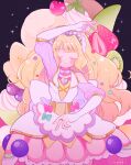  1girl bangs blonde_hair blunt_bangs blush bridal_gauntlets cherry closed_eyes cream cure_finale delicious_party_precure detached_sleeves dress food fruit high_ponytail kasai_amane kiocotton long_hair magical_girl precure solo strawberry wide_ponytail 