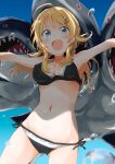  1girl :d ahoge armpits bikini black_bikini blonde_hair blue_eyes commentary_request hachimiya_meguru hair_ornament hairclip highres idolmaster idolmaster_shiny_colors looking_at_viewer low_twintails navel open_mouth outstretched_arms shark shuiro_(frog-16) side-tie_bikini_bottom smile spread_arms swimsuit twintails 