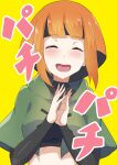  1girl a-kiraa_(whisper) absurdres bangs breasts closed_eyes crop_top gardenia_(pokemon) highres hood hood_down medium_breasts medium_hair midriff open_mouth orange_hair own_hands_together pokemon pokemon_(game) pokemon_bdsp smile solo turtleneck upper_body yellow_background 