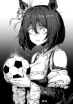  1girl animal_ears bacius ball breasts closed_mouth collarbone detached_sleeves eishin_flash_(umamusume) glaring hair_between_eyes hair_ornament highres horse_ears horse_girl horse_tail looking_at_viewer medium_breasts medium_hair monochrome soccer_ball solo tail umamusume 