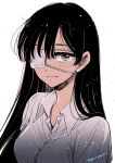  1girl bangs black_hair blush breasts brown_eyes buttons closed_mouth collared_shirt commentary_request dress_shirt eyepatch grey_shirt long_hair looking_at_viewer medical_eyepatch medium_breasts mole mole_under_eye one_eye_covered original shirt signature simple_background solo sugano_manami unkempt upper_body white_background 