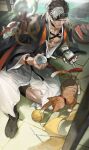  1boy alcohol black_hair black_kimono black_socks blue_eyes bracelet cat commentary_request cup eyepatch facial_hair food fruit full_body girls&#039;_frontline_neural_cloud girls_frontline gradient_kimono highres holding holding_cup indoors japanese_clothes jewelry kimono looking_at_viewer male_focus mechanical_arms muscular open_clothes pectorals python_(girls&#039;_frontline_nc) redsakaone sakazuki sake scar scar_on_face short_hair single_mechanical_arm sitting snake_print socks solo tabi tatami watermelon watermelon_slice white_hair wind_chime yarn yarn_ball 