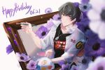  1boy 1girl bangs black_shirt canvas_(object) closed_mouth dog_tags flower happy_birthday holding holding_brush holding_palette jacket long_sleeves looking_at_viewer marius_von_hagen_(tears_of_themis) palette_(object) purple_flower purple_hair red_jacket remosea rosa_(tears_of_themis) shirt short_hair smile tears_of_themis upper_body violet_eyes white_background white_jacket 