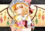  1girl blonde_hair crystal flandre_scarlet hat hat_ribbon highres letterboxed looking_at_viewer mob_cap parted_lips pointy_ears qqqrinkappp red_ribbon ribbon short_sleeves solo stuffed_animal stuffed_toy teddy_bear touhou traditional_media upper_body white_headwear wings yellow_background yellow_eyes 