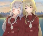  2girls arms_at_sides assault_lily bangs belt belt_buckle bench blonde_hair blunt_bangs blurry blurry_background blush braid breasts brown_sailor_collar buckle closed_eyes closed_mouth clouds commentary_request evening grey_hair hair_ribbon heads_together high-waist_skirt highres imu_(2011imuru) kanba_girls_high_school_uniform kon_kanaho long_hair long_sleeves looking_at_another looking_to_the_side medium_breasts miyagawa_takane multiple_girls necktie on_bench outdoors power_lines purple_ribbon red_belt red_shirt red_skirt ribbon sailor_collar school_uniform serafuku shirt short_necktie side-by-side side_braid sidelocks sitting skirt skyline smile upper_body very_long_hair violet_eyes white_necktie 