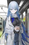  1girl bangs black_sweater blue_eyes blue_hair blue_pants blunt_bangs cowboy_shot cup grey_jacket ground_vehicle highres holding holding_cup jacket layered_sleeves long_hair long_sleeves looking_at_viewer open_clothes open_jacket original pants parted_lips quarter_1404 solo standing sweater train train_station very_long_hair 
