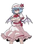  1girl bat_wings blue_hair closed_mouth crossed_arms eddybird55555 english_commentary fang hat hat_ribbon highres mob_cap parody red_eyes red_ribbon remilia_scarlet ribbon ringed_eyes shirt short_hair short_sleeves simple_background skirt smile solo standing style_parody touhou vanripper_(style) white_background white_headwear white_shirt white_skirt wings 