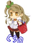  1girl bag bottle bow brown_eyes brown_hair chibi full_body hair_bow highres long_hair love_live! love_live!_school_idol_project minami_kotori mota one_side_up open_mouth simple_background skirt solo white_background yellow_eyes 