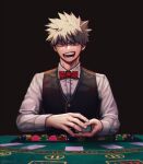  1boy bakugou_katsuki bangs black_background blonde_hair blurry boku_no_hero_academia bow bowtie card casino_card_table chromatic_aberration commentary dated_commentary depth_of_field dress_shirt earrings fingernails glowing glowing_eyes hair_between_eyes highres holding holding_card jewelry long_sleeves male_focus modo_(modo_s2) open_mouth playing_card poker_chip red_bow red_bowtie red_eyes sanpaku shirt short_hair simple_background single_earring solo spiky_hair straight-on table twitter_username upper_body waistcoat white_shirt 