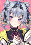  1girl black_shirt choker grey_hair hair_ornament jacket nijisanji nijisanji_en pink_background ribbon shirt short_hair solo szainx violet_eyes virtual_youtuber white_jacket zaion_lanza 