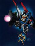  beam_rifle black_eyes clenched_hand energy_gun flying from_above glowing glowing_eyes green_eyes gun gundam holding holding_gun holding_weapon hyaku_shiki looking_up mecha mobile_suit nakamura_jun&#039;ichi no_humans robot science_fiction space super_gundam weapon zeta_gundam zeta_gundam_(mobile_suit) 