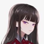  1girl artist_name bangs black_hair blunt_bangs buttons close-up closed_mouth collared_shirt commentary english_commentary highres long_hair looking_at_viewer original portrait red_shirt shirt sidelocks signature simple_background solo thehprm violet_eyes white_background 